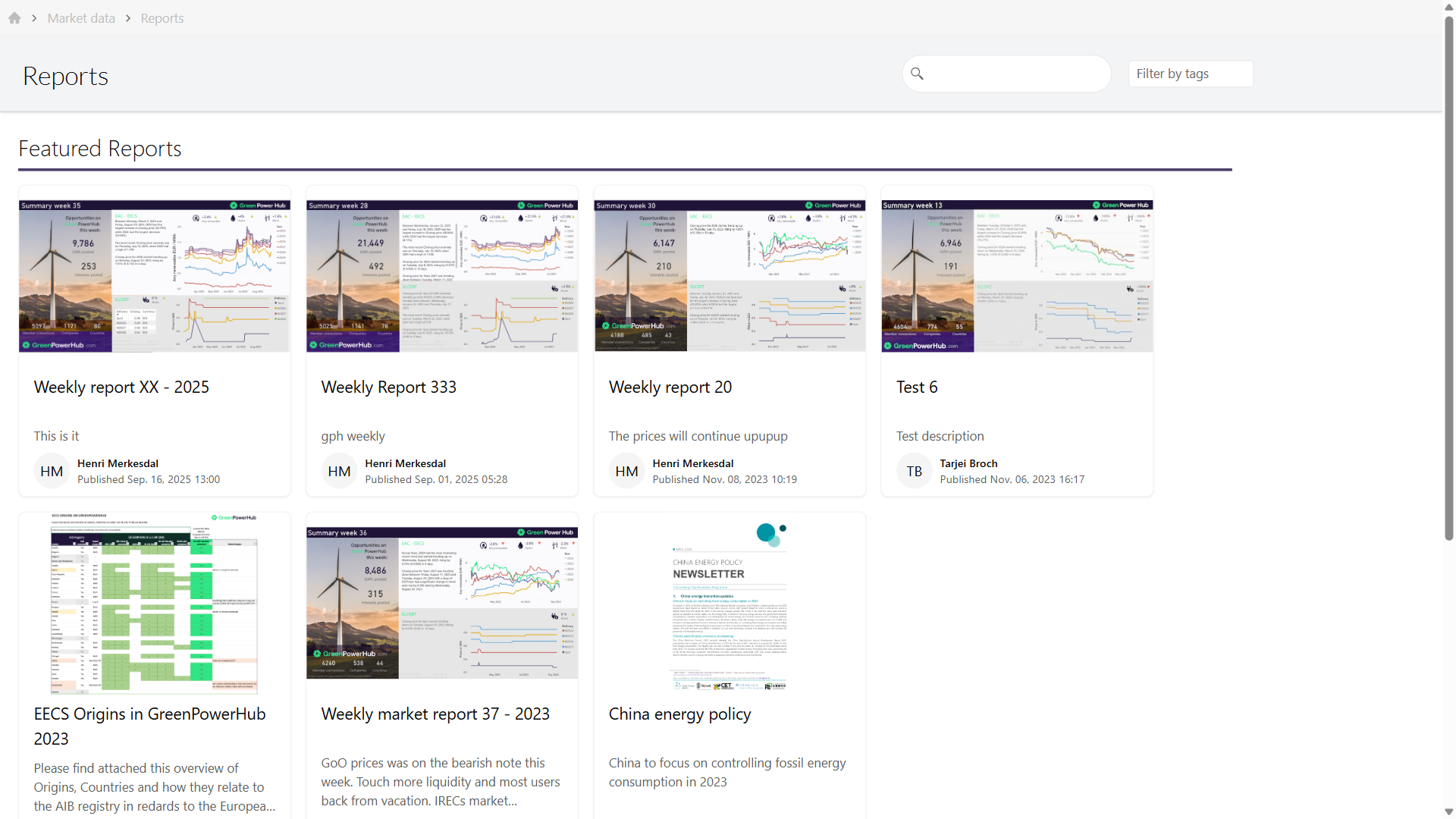 GreenPowerHub market reports library showing featured report cards, search, tag filtering, and the all-reports archive.