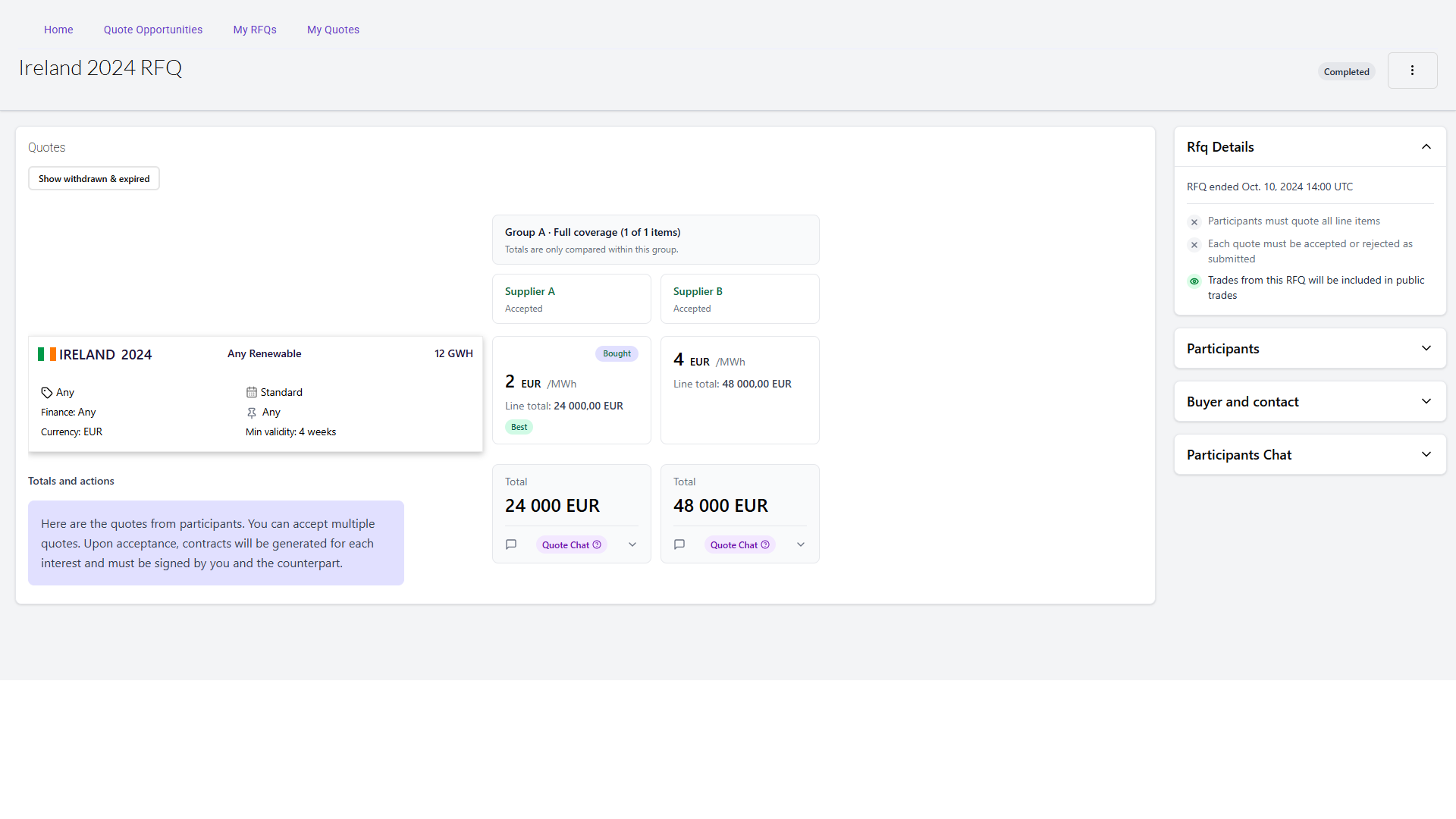 GreenPowerHub RFQ comparison view showing two supplier quotes side by side with request details and quote totals.