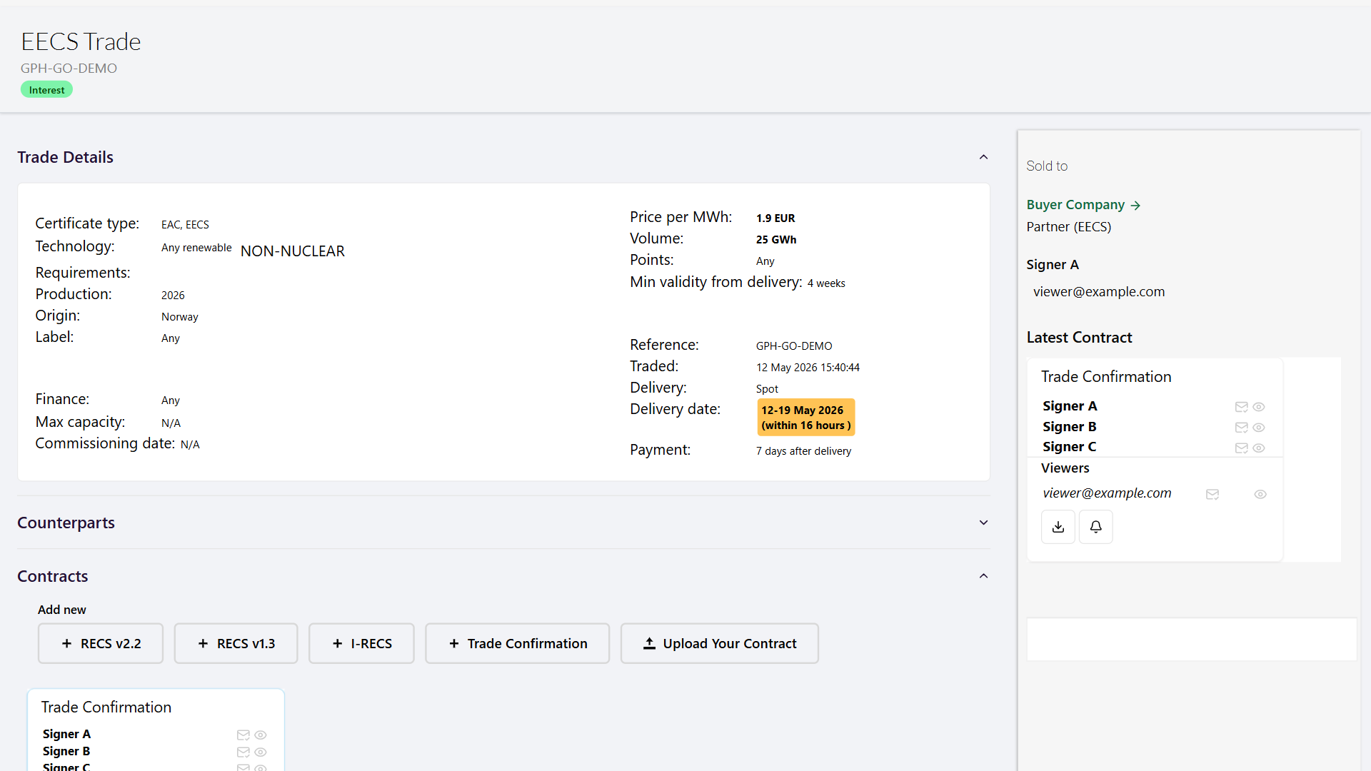 GreenPowerHub company trade workflow showing trade details, contract creation actions, latest trade confirmation, and signer status.